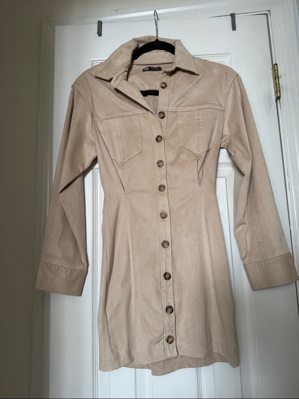 Zara Beige Long Sleeve Button-Front Shirt Dress